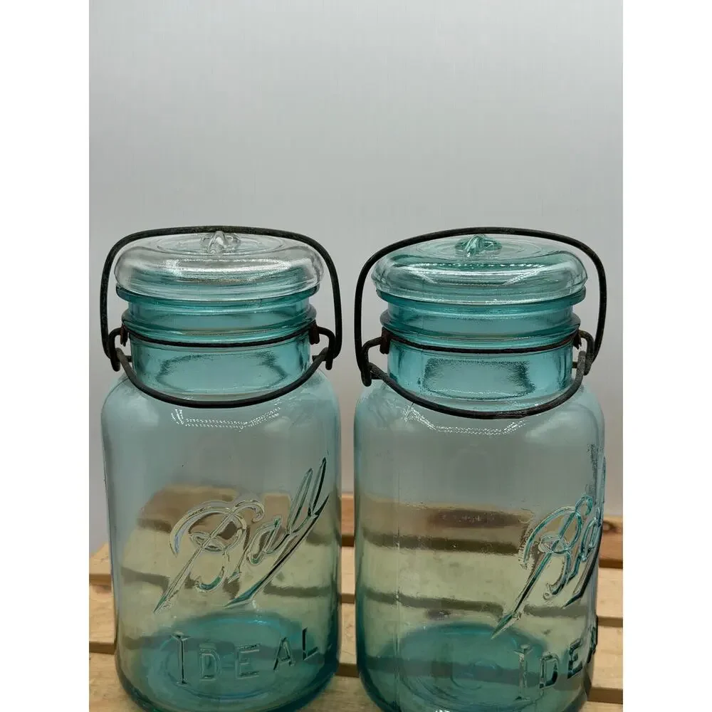 Vintage Ball Ideal Aqua Blue Quart Mason Jars - Lot of 2 - 7.75” Tall